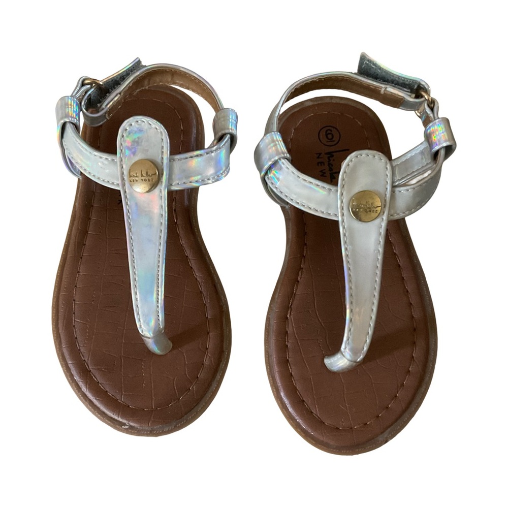 Iridescent Silver T-Strap Sandals Gold Buckle Kids 6 NWOT Nicole Miller